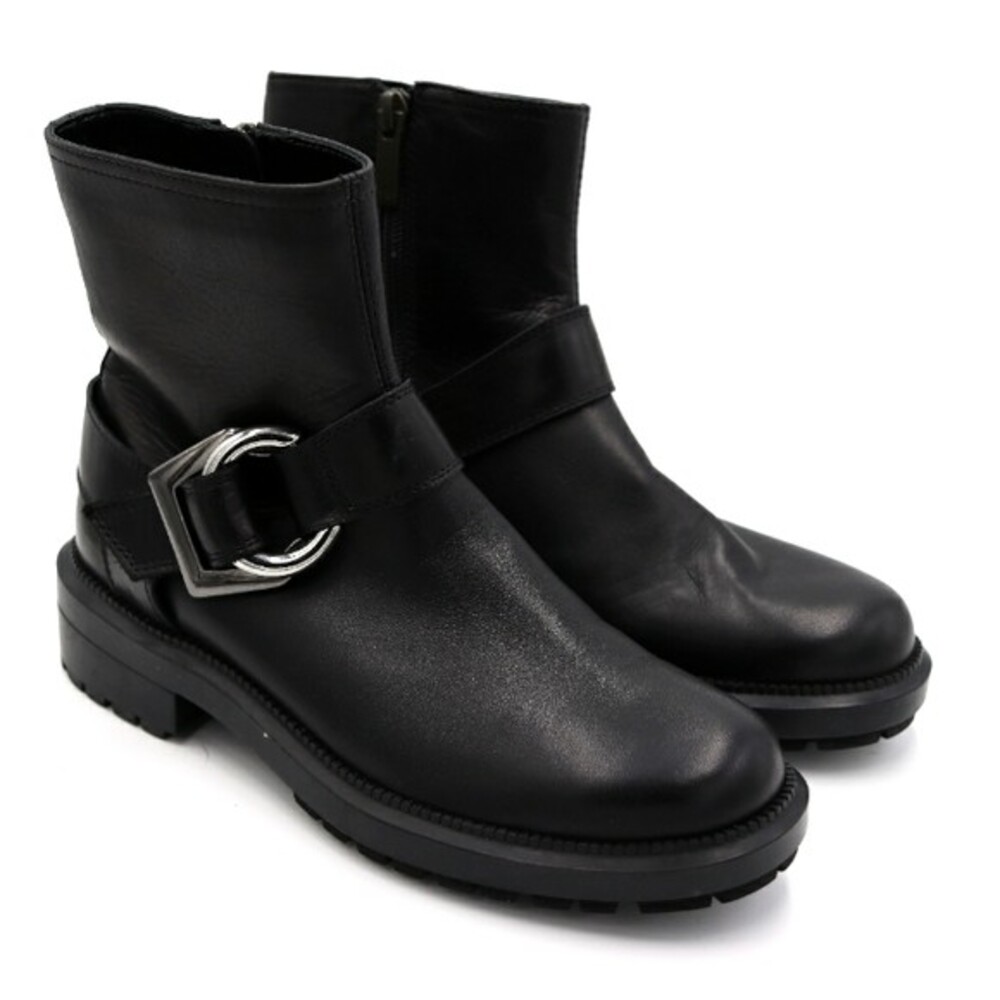 Aquatalia Black Leather Moto Ankle Boots Silver Buckle Side Zip Size 6